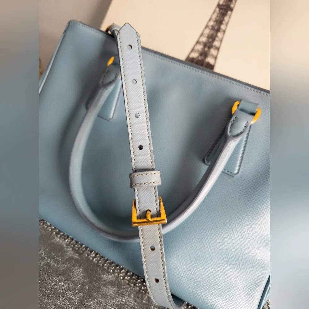 Prada Medium Saffiano Lux Galleria Double Zip Tote w/Adjustable Strap-Light Blue - Picture 9 of 17